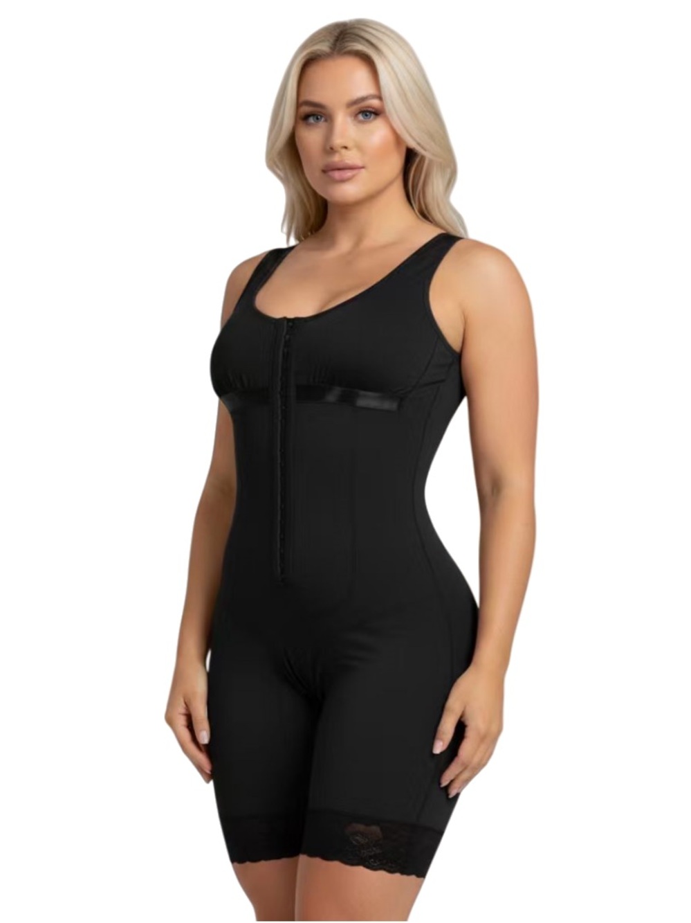 Black Full-Body Shapewear Bodysuit with Front Zipper